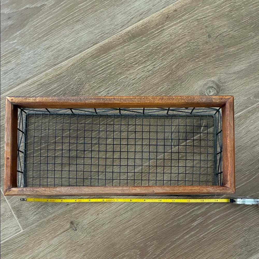 Wood and Black Wire Rectangular Storage Basket 14”L x 4”H x 6”D